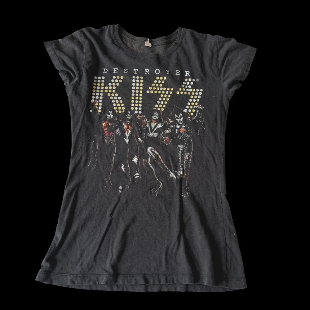 KISS Destroyer Band Tee Faded Black Slim Fit Rock T-Shirt Women Small